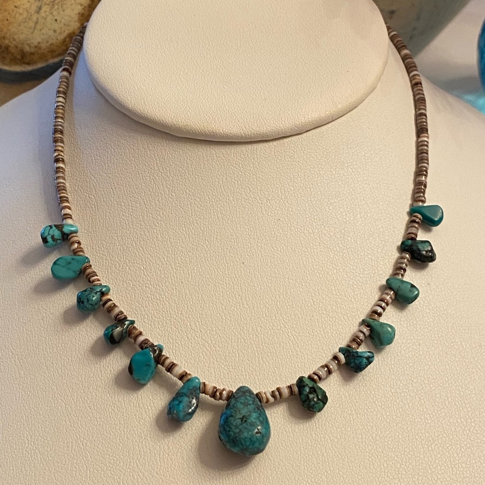 Vintage Southwestern Turquoise Sterling Silver Clasp Strand Necklace